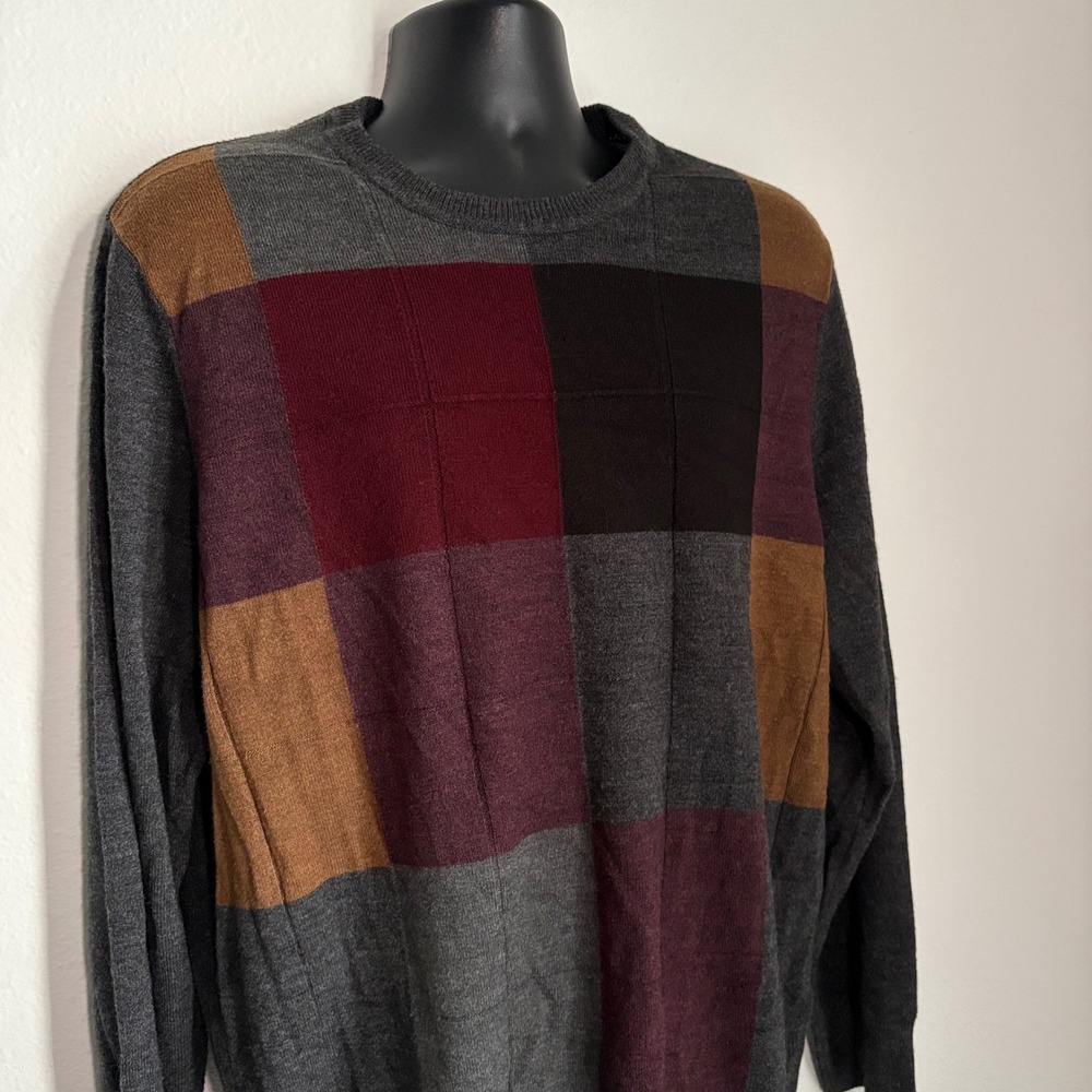 DOCKERS Mens XL Long Sleeve Crew Neck Sweater‎ Plaid Patchwork Academia Preppy
